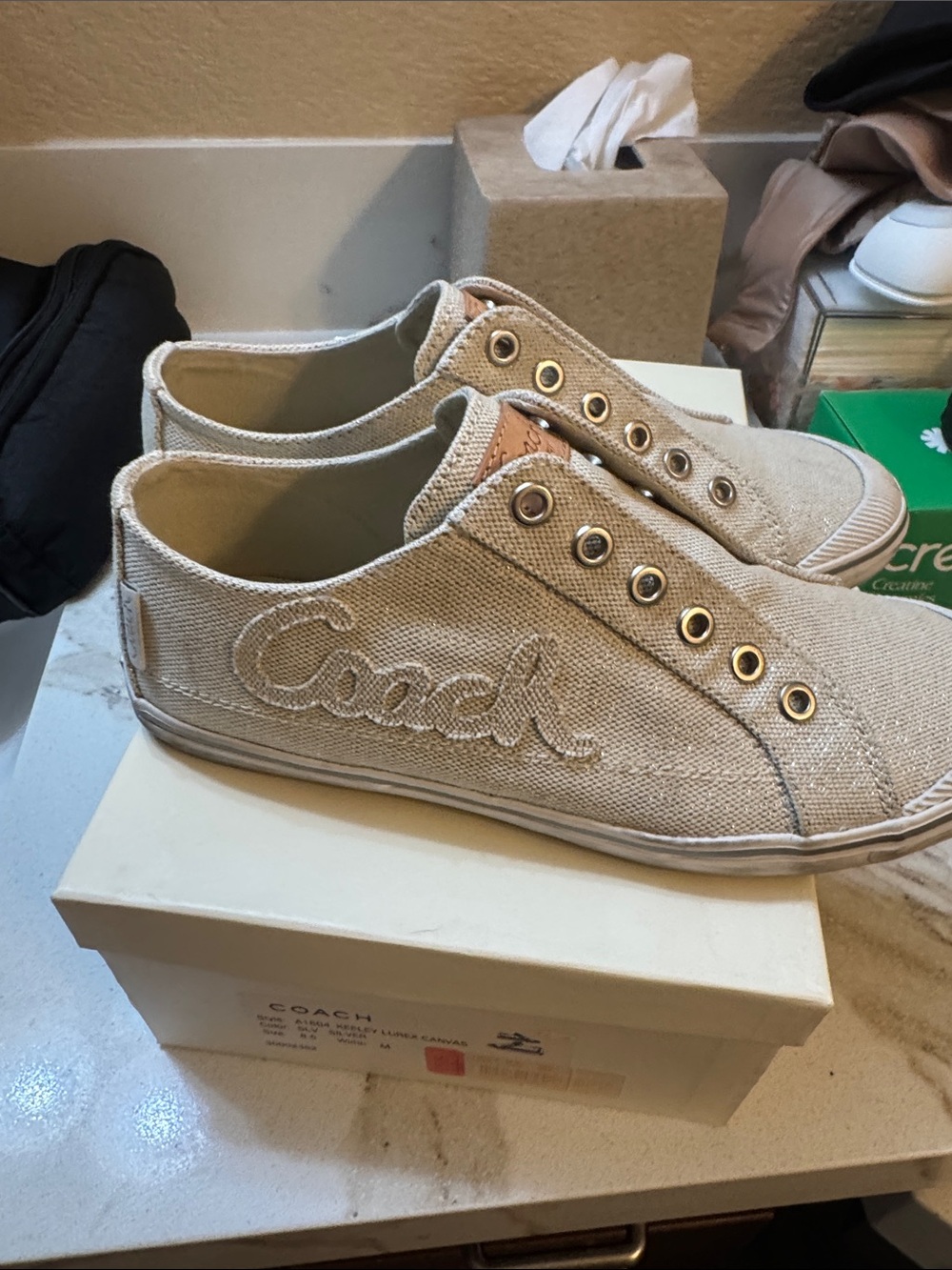 Coach Beige Canvas Slip-On Sneakers with Tan Leather Logo - Picture 5 of 7